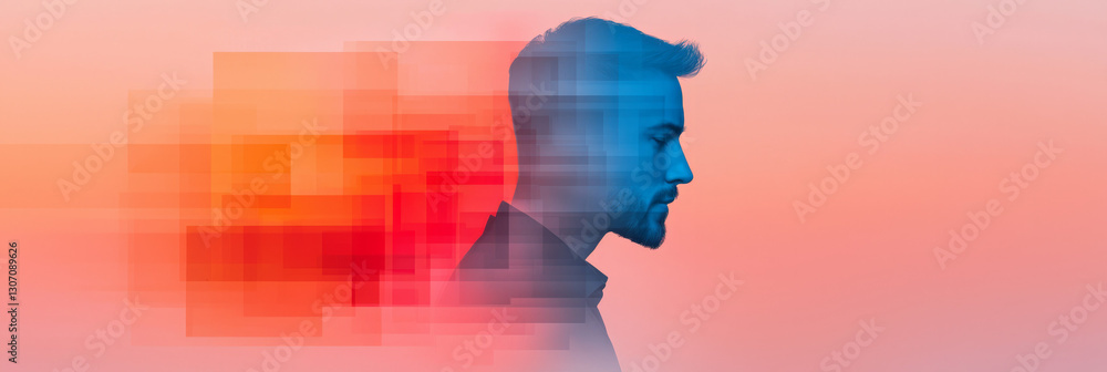 Poster dreamlike composition merging a serene human profile with abstract geometric overlays and soft