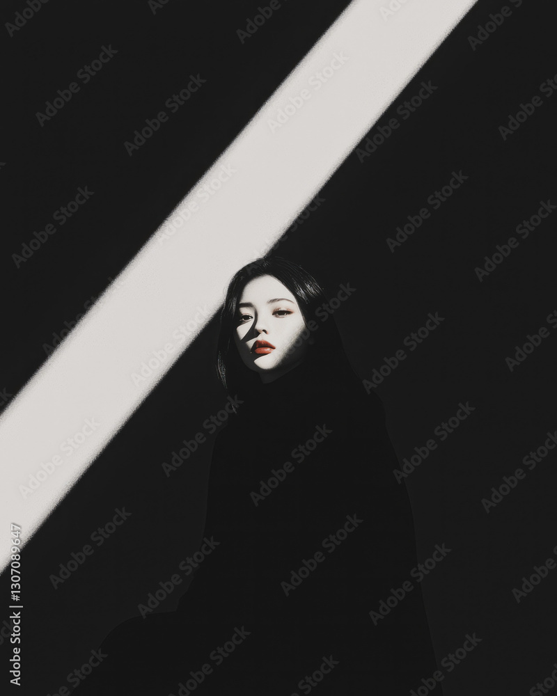 Poster minimalist editorial portrait where the subjectâ€™s confident posture is accentuated by delicate