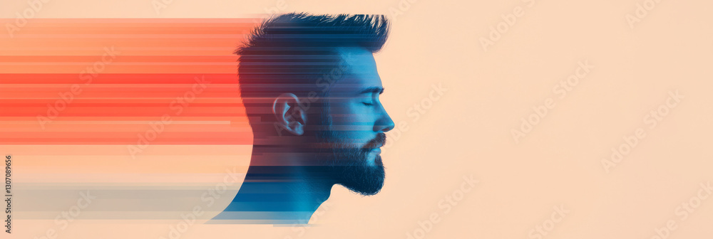Poster dreamlike composition merging a serene human profile with abstract geometric overlays and soft