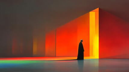 Poetic scene featuring a solitary figure in a spacious, light-filled environment, with gentle lens