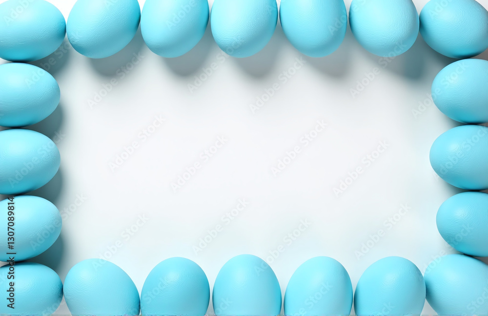 Poster a flat lay photography setup features blue easter eggs arranged in a border pattern against a white 