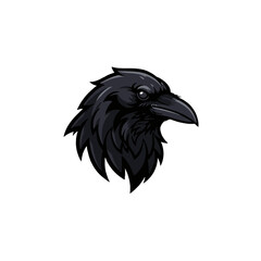 Stylized Black Raven Head Illustration with Bold Details on White Background