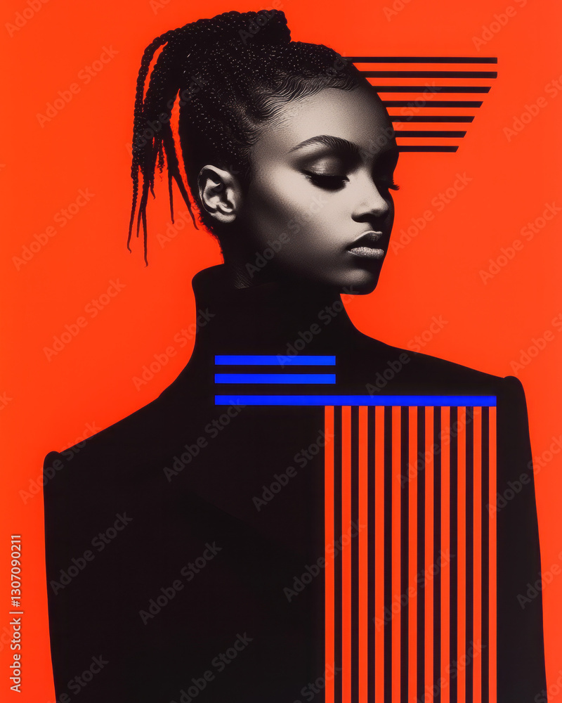 Poster dynamic high-contrast portrait where a stark black-and-white image is accented with vibrant neon