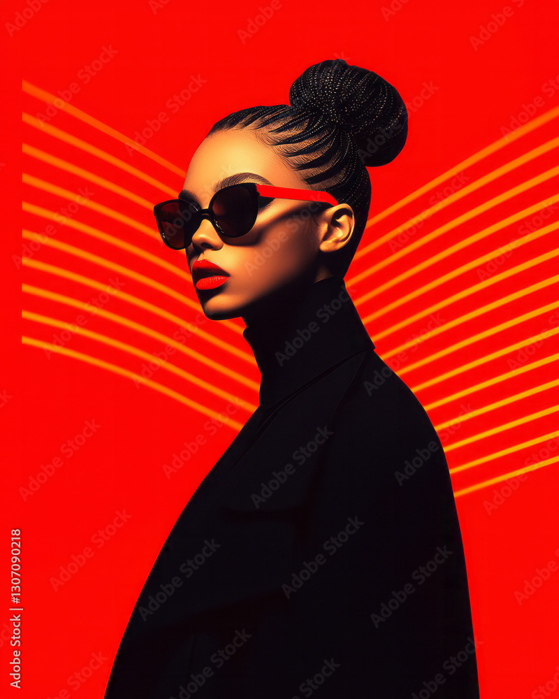 Poster dynamic high-contrast portrait where a stark black-and-white image is accented with vibrant neon