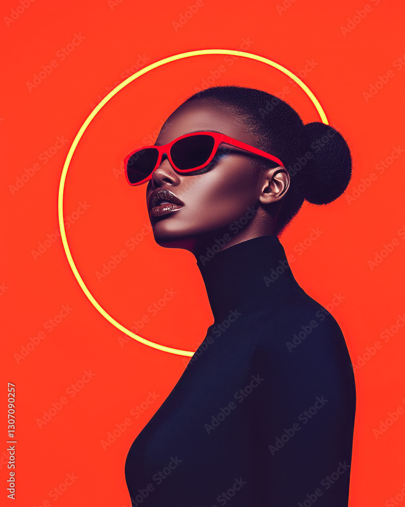 Poster dynamic high-contrast portrait where a stark black-and-white image is accented with vibrant neon