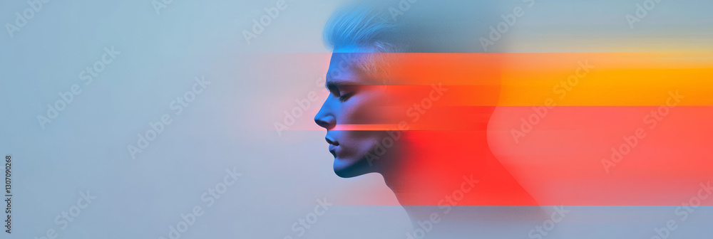 Poster ethereal composition combining classical portraiture with futuristic digital motifs and soft light