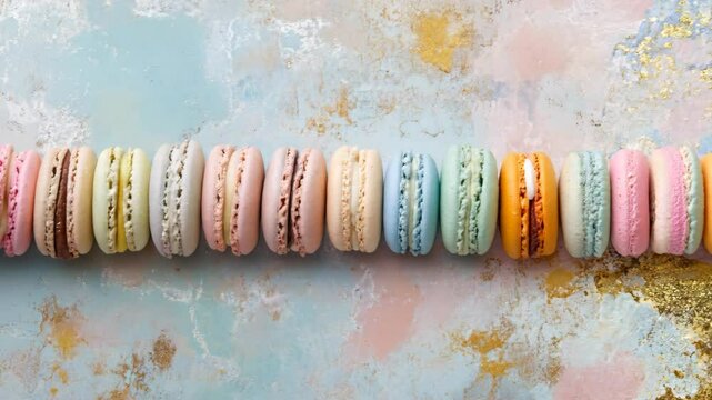 Aesthetic pastel macarons arranged in a row on a stylish marble background