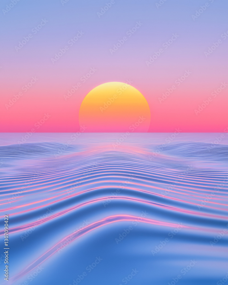 Leinwandbilder hyperreal digital illustration of a reflective surface capturing a panoramic view of a neon-lit