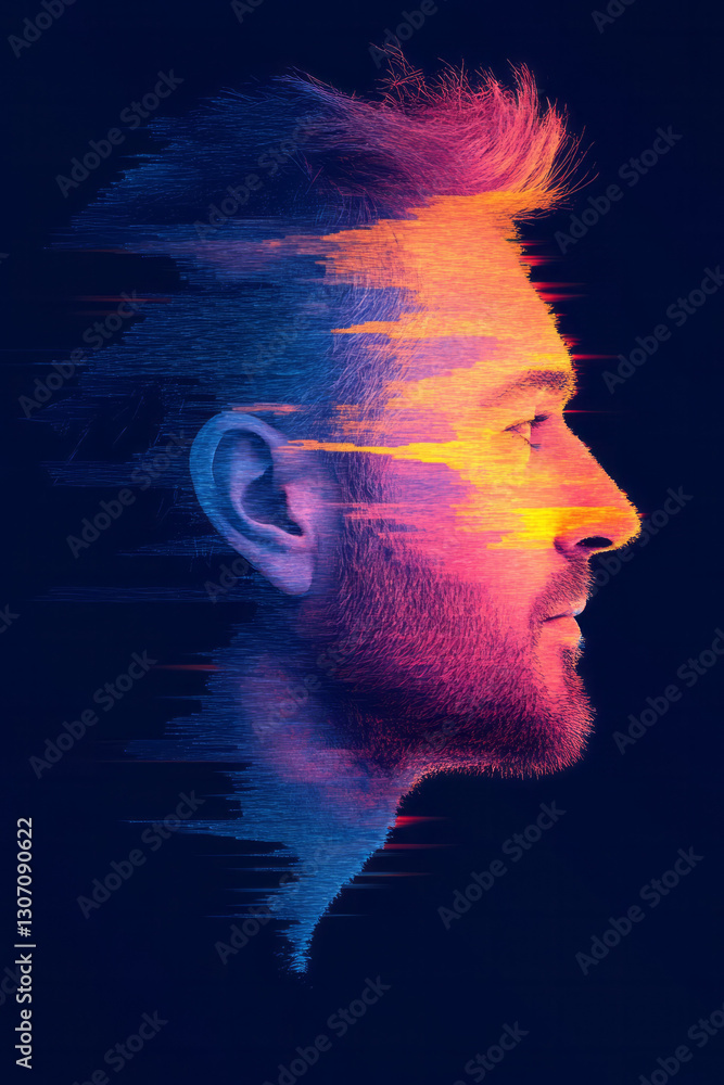 Aufkleber Ethereal portrait of a figure whose features are interwoven with dynamic digital patterns and