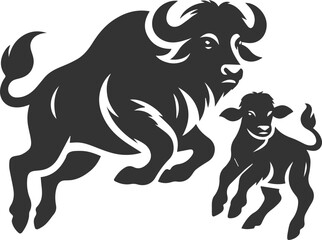 Buffalo calf jumping playfully near its mother animal vector silhouette