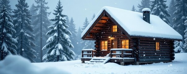 Snowflakes gently fall on a wooden cabin roof, winter, cabin, snow