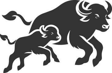 Buffalo calf jumping playfully near its mother animal vector silhouette