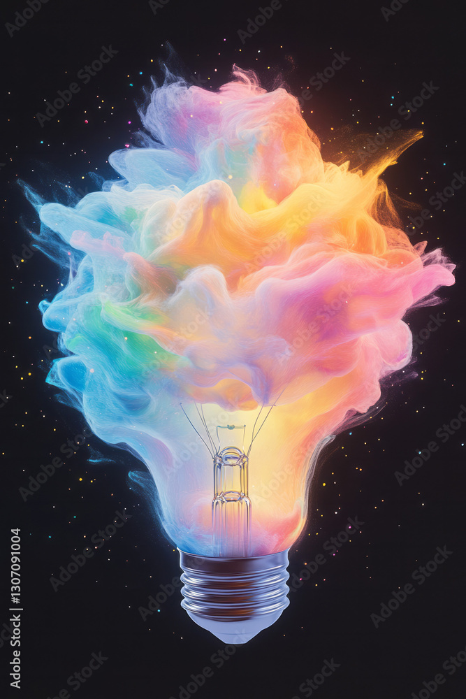 Poster ethereal digital painting of a lightbulb moment, where soft beams and intricate circuitry blend