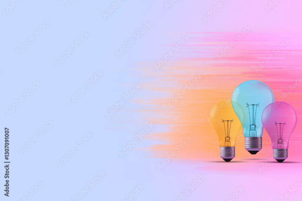 Poster surreal montage blending classic symbols of innovation--like lightbulbs and brainwaves--with modern