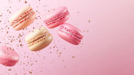 Delightful macarons dance in the air against a soft pink backdrop, capturing the essence of sweetness and playfulness in a surreal confectionery fantasy