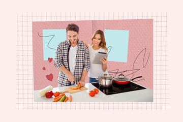 Trend artwork banner sketch photo collage of young man prepare dinner lady hold tablet recipe...