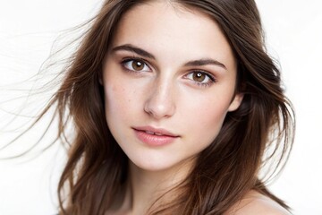 Fototapeta premium A close-up portrait of a young woman with a natural look, featuring soft light and gentle expression.