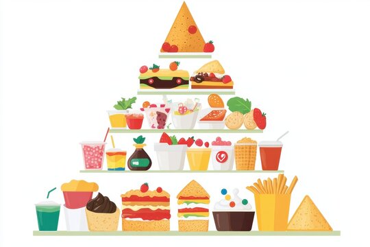 Fast food pyramid illustration featuring junk food educational graphics fun environment colorful design informative concept for health awareness