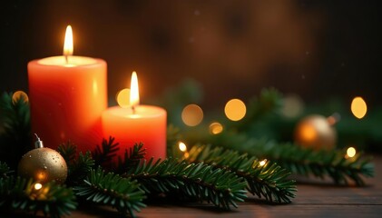 Twinkling candle lights on a festive greenery, greenery, festive, twinkling lights