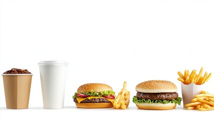 Close up shot of a fast food meal against a white background, showcasing two burgers, french fries, a soft drink, and coffee. The image is well lit and appetizing.