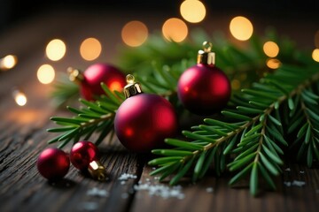 Twinkling lights surround a sprig of rosemary with red glass ornaments, cozy, rosemary