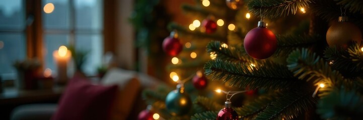 Twinkling string of fairy lights on Christmas tree, holiday, cozy, ornaments