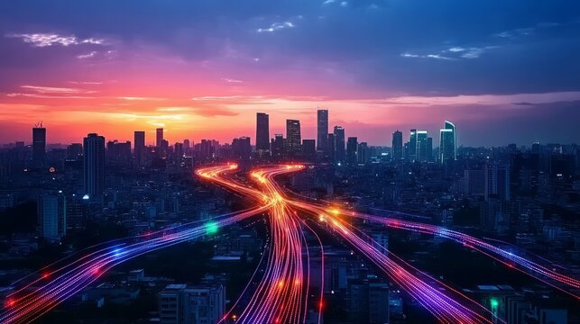 Smart city with speed line glowing light trail surround the city. big data connection technology concept
