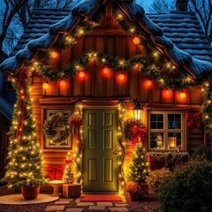 Fototapeta premium Christmas lights adorning the rustic cottage facade, holiday, festive