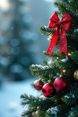 Decorated fir branch with ornaments and a bow, wintery scenes, christmas decorations, snowy trees