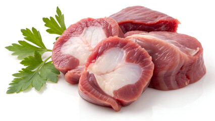 Raw chicken gizzards, isolated on a white background, highlighting their fresh texture and deep reddish-pink color.