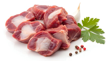 Raw chicken gizzards, isolated on a white background, highlighting their fresh texture and deep reddish-pink color.
