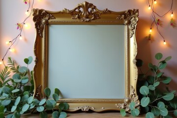 Elegant ornate frame with greenery and lights