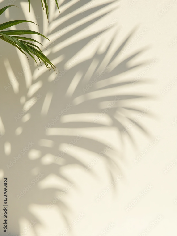 Poster a blurred shadow from palm fronds falls on a light cream wall creating a minimalist summer backgroun