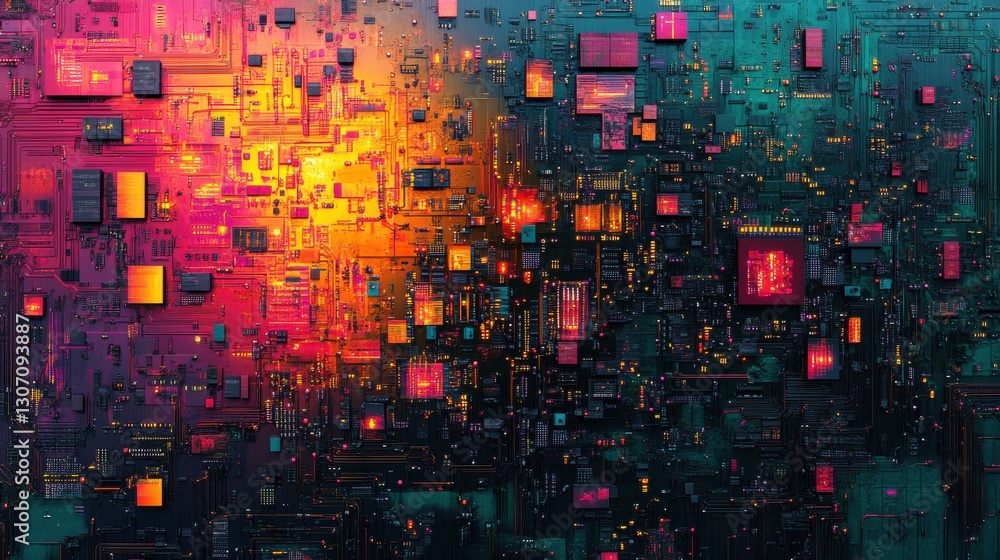 Poster a vibrant digital circuit board with colorful microchips and intricate patterns, showcasing technolo