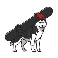 Illustration of a Husky Carrying a Snowboard Wearing a Red Woolen Hat