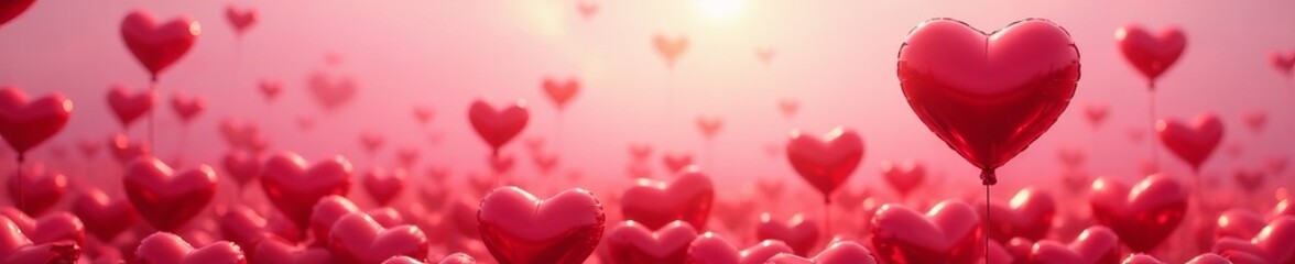 Heart-shaped balloons floating in a field of hearts, whimsical, passion