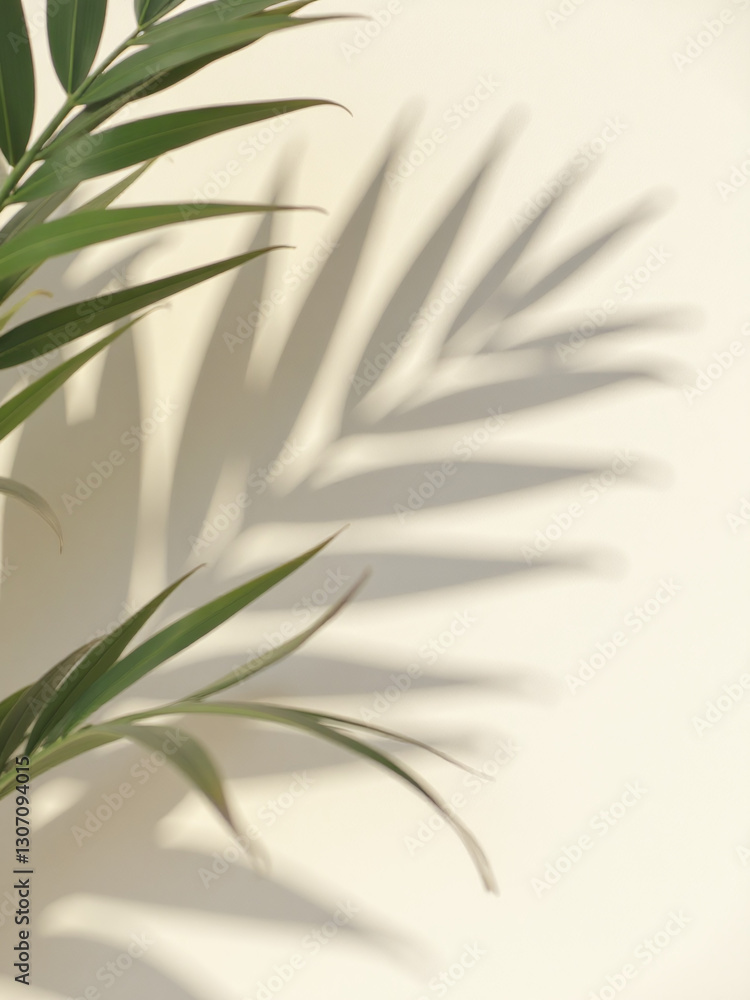 Poster a blurred shadow from palm fronds falls on a light cream wall creating a minimalist summer backgroun