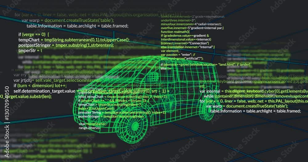 Aufkleber animation of green wireframe van model with programming code on dark background