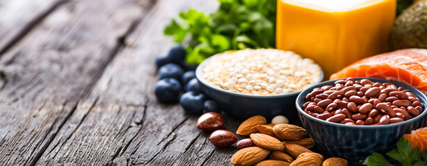 Obraz premium Healthy ingredients for cholesterol friendly diet, including nuts, seeds, and fish