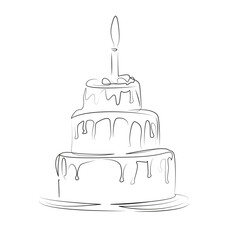 One continuous line art drawing flat illustration candle, birthday, celebration, cake, birthday cake, food, sweet, party, baked. Isolated image hand draw outline on white background