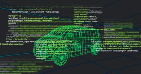 Animation of green wireframe van model with programming code on dark background - Powered by Adobe