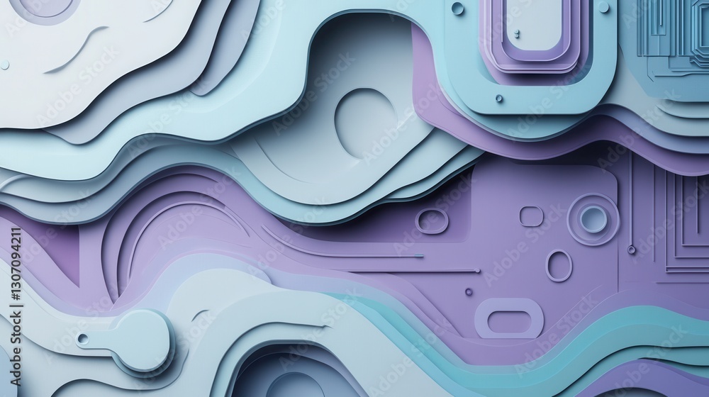 Poster futuristic paper art design features layered abstract cut outs in cool tones of blue and purple gene