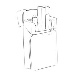 One continuous line art drawing flat illustration cigarette, addiction, nicotine, smoke, tobacco, cancer, pack, package, danger, packet. Isolated image hand draw outline on white background