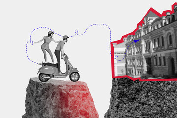 Art 3d sketch collage of two happy girl guy ride scooter moped arrow direction urban city...