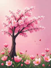 Fototapeta premium A Beautiful Spring Scene Features A Blooming Tree Surrounded By Vibrant Flowers In A Soft, Pastel Pink Background On A Sunny Day.