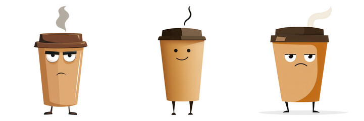 cartoon retro mascots for walking street food, Cute coffee cup mascots with various expressions and steam