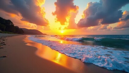 Golden sunset paints sky, calm waves caress sandy shore , peaceful, travel