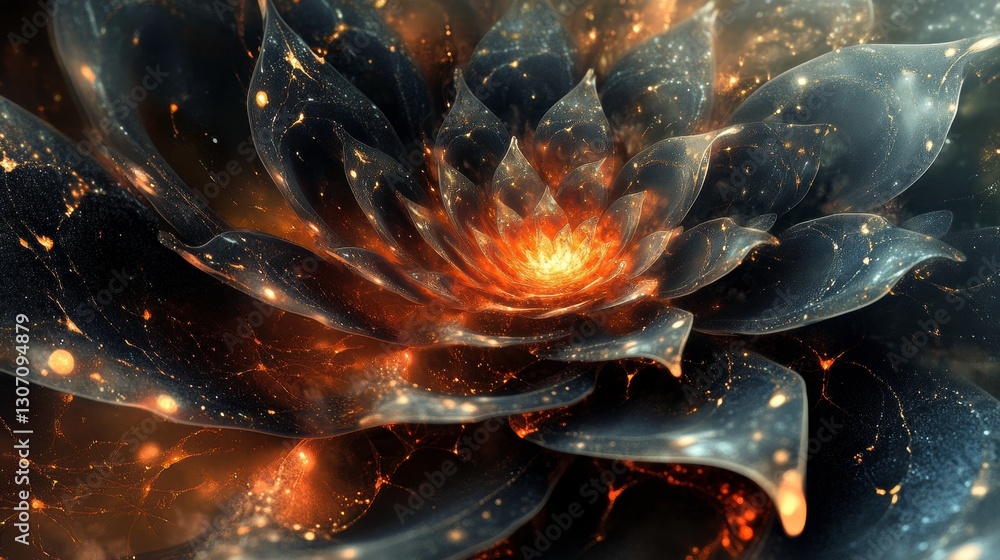 Poster a vibrant cosmic flower blooms with swirling colors and luminous particles, creating an ethereal and