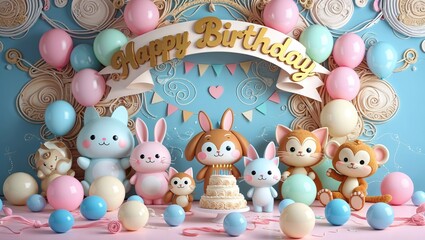 Sweet birthday setup featuring adorable animal figures and pastel balloons with a decorative banner, creating a festive atmosphere for celebrating