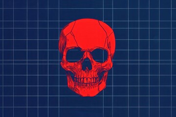 Ransomware attack illustrated as a locked screen with red skull icon, holographic grid background, glitch details, cyberpunk aesthetic